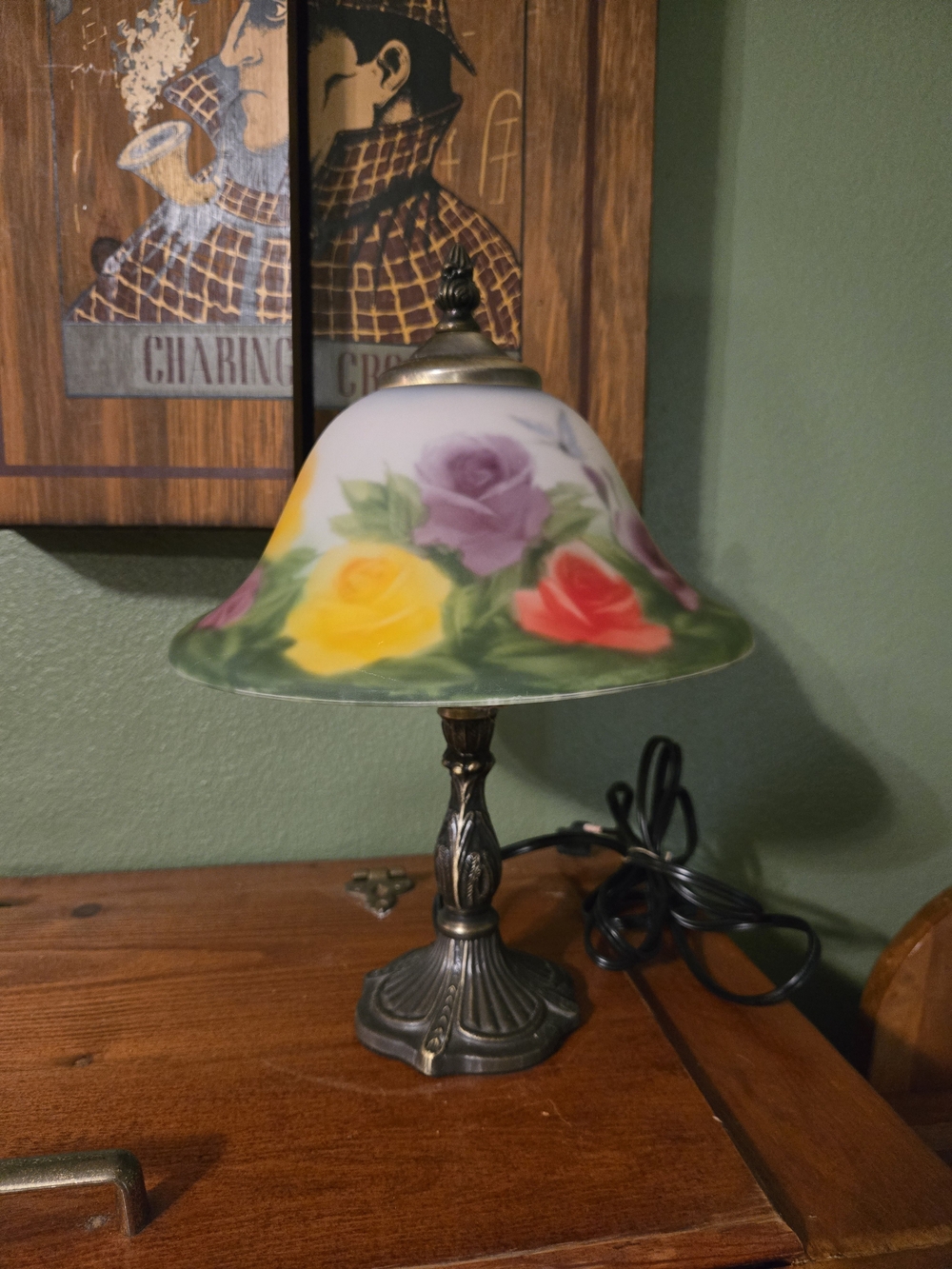 Vintage Reverse Painted Floral & Butterflies Accent Table Lamp-12” tall